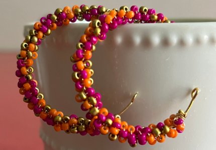 Créoles tricolores rose -orange - doré Diamètre de 3.5 cm